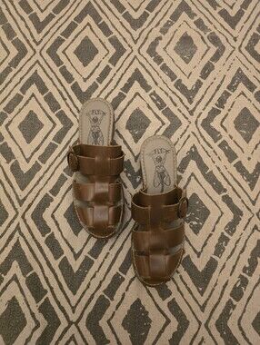 Fly London Brown Leather Fisherman's Woven Clog, NWOT, Sz 39